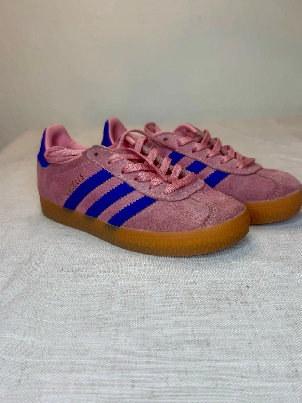adidas Kids Pink Gazelle Suede Sneakers with Blue Stripes